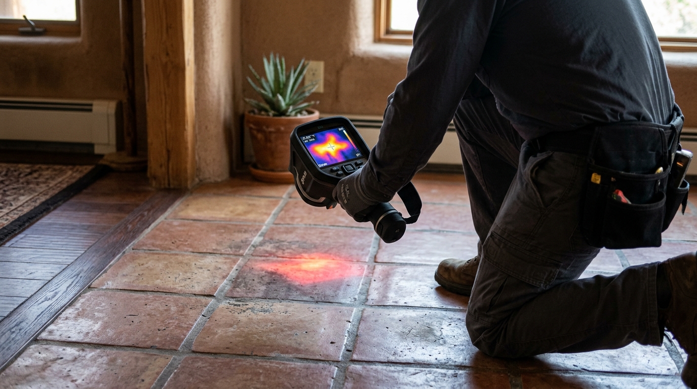 Thermal imaging inspection displaying hot water pooling beneath a home foundation in Hemet